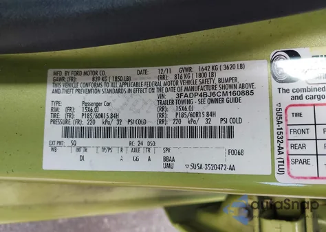 2012 Ford Fiesta Se z USA, uszkodzony, nr VIN 3FADP4BJ6CM160885